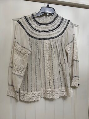 Sea Cream Boho Lace Blouse with Black Trim